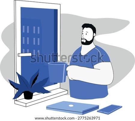 A cozy illustration of a freelancer who has finished work and is relaxing by the window with a cup of tea, admiring the evening view