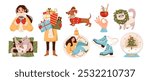 Cozy illustration of a girl in winter clothes, a playful kitten wrapped in a gift and a Christmas tree toy. Christmas tree in a crystal ball and a festive drink. Flat vector winter set.