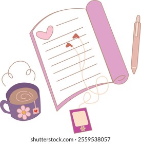 A cozy illustration of a heart-themed journal, a steaming tea cup, a music player, and a pastel pink pen.