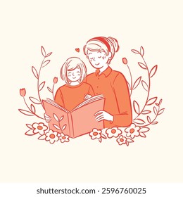 A cozy illustration of a mother reading a book with her daughter, sharing a peaceful and loving moment.