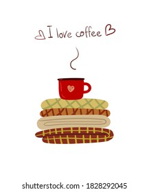 cozy illustration with a mug of coffee stands on a stack with plaids
