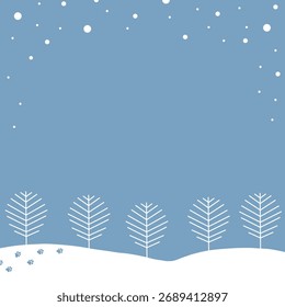 Cozy illustration for notes. Do not forget! Blue background with falling snowflakes, winter trees and  snowy field. Winter season. Space for text, note and  notebook. Flat design. Vector illustration.