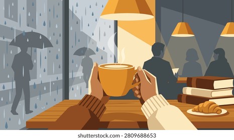 A cozy illustration showing a first-person perspective of hands holding a steaming coffee cup in a warm cafe while people walk with umbrellas outside in the rain.