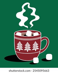 Cozy illustration of a steaming hot chocolate cup with marshmallows, featuring a red holiday mug decorated with white Christmas trees on a green background.  
