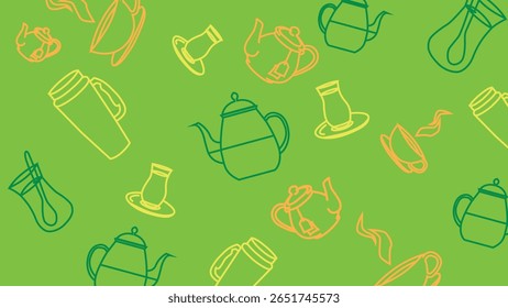 Ilustração aconchegante de xícaras, chaleiras, saquinhos de chá e canecas em estilo de arte de linha. Perfeito para o visual de bebidas matinais.