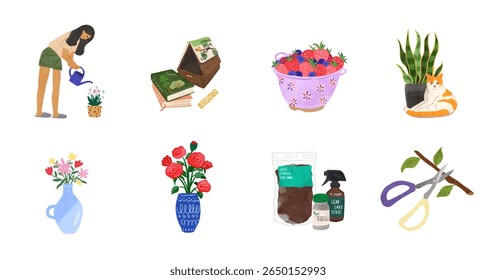 Cozy illustrations featuring gardening elements like potted plants, watering cans, and a relaxed gardener.