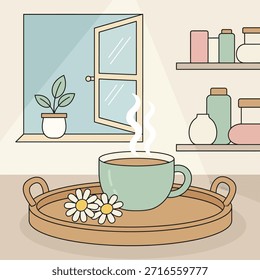 A cozy indoor scene featuring a steaming cup on a wooden tray with daisies, a potted plant by an open window, and decorative items on shelves, all in a soft, minimalist illustration style.
