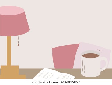 Cozy Indoor Scene with Lamp, Coffee, Cushions and Book