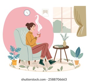 A cozy indoor scene where a young woman holds her mug with warm tea sitting in armchair a nearby window relaxing in her living room. 