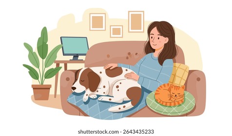 Cozy Indoor Scene of a Woman Relaxing with Her Dog and Cat on Couch