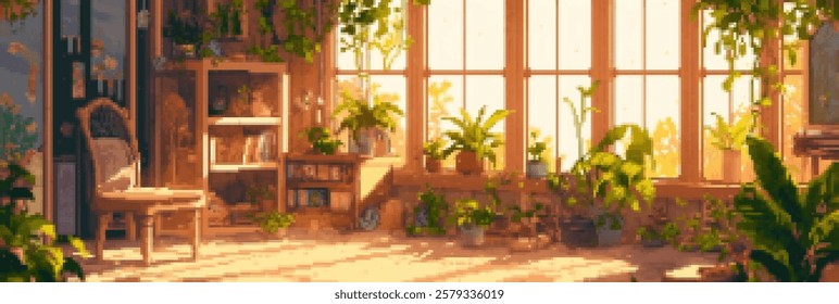 A cozy indoor space filled with various plants, sunlight streaming through large windows, creating a warm atmosphere. A chair and bookshelf add to the inviting ambiance.