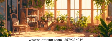 A cozy indoor space filled with various plants, sunlight streaming through large windows, creating a warm atmosphere. A chair and bookshelf add to the inviting ambiance.