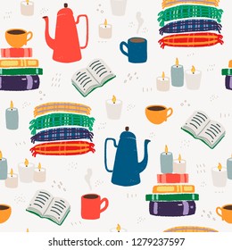 Cozy indoor time at home hand drawn color vector seamless pattern. Hot chocolate, books, plaid wraps and candles texture. Textured flat style wrapping paper, textile or blog wallpaper.