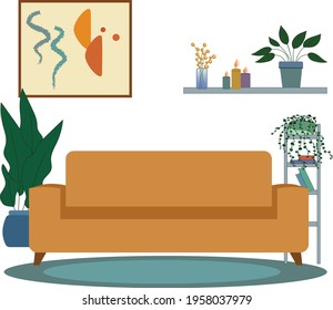cozy interior for an apartment with a sofa and decor elements and houseplants