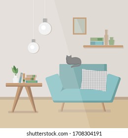 Cozy interior with an armchair, a coffee table, books, a bookshelf, lamps and a cat. A comfortable place to relax, read, study or work at home. Modern flat style vector illustration. 