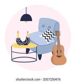 Cozy interior. Armchair, guitar, candles. Vector illustration in cartoon style.