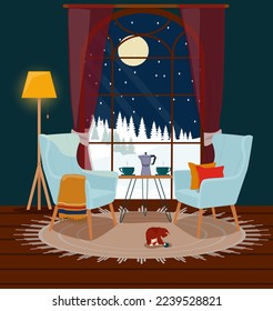 Interior acogedor con sillones, una mesa con hervidor, una gran ventana y un paisaje nocturno de invierno. Ilustración vectorial.