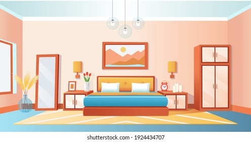 Cozy interior bedroom with bed, wardrobe, bedside tables, mirrored, alarm clock, vase, chandeliers. Vector cartoon illustration.
