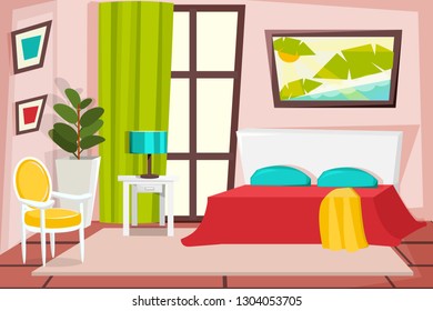 Cozy interior of the bedroom in cartoon style. Bed, window, carpet, lamp, table and chair. Vector.