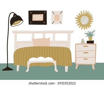 Cozy interior bedroom with homeplants in scandinavian style. White wooden bed with chest of drawers , mirror and flor lamp. Cartoon flat hand drawn vector illustration