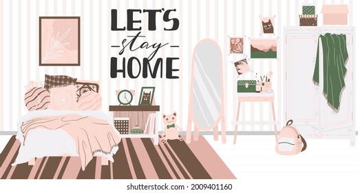 Cozy interior of bedroom in Scandinavian cartoon style. Concept with text let's stay home. Design of a cozy room with bed, houseplant, shelf, mirror and decor in flat style