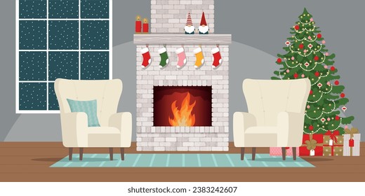 Cozy interior with brick classic fireplace, armchairs, and decorated Christmas tree. Christmas holidays. Vector illustration in flat style