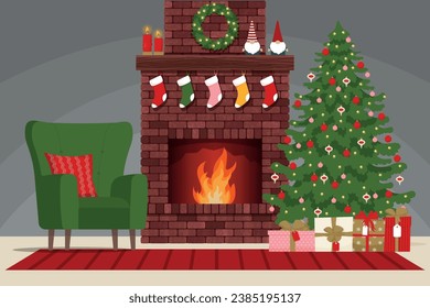 Cozy interior with brick classic fireplace, armchair, and decorated Christmas tree. Christmas holidays. Vector illustration in flat style