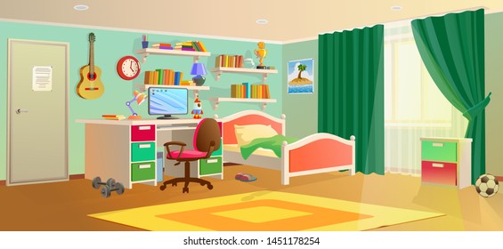 Cozy Interior Of Children's Room With Toys, Furniture, Window. Teenager Room With Workplace