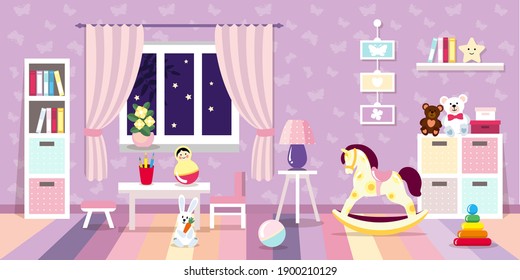 Cozy interior of a children's room with toys, furniture, and a window. children's purple lilac delicate color room for girls. vector illustration. flat style cartoon