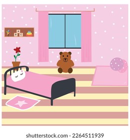 Cozy interior of a children's room with toys, furniture, and a window. children's pink color room for girls. vector illustration. flat style cartoon.