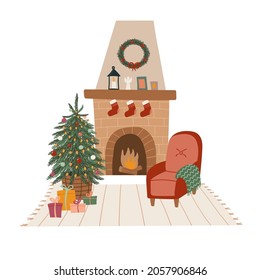 Cozy interior with Christmas tree and fireplace vector hand drawn illustration.