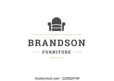 Cozy interior comfortable furniture premium quality vintage logo design template with place for text vector illustration. Cosiness decorative armchair couch seat furnishing branding identification