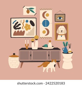 Cozy interior composition. Composition with trendy furniture and decorations. Pastel colorful vector illustration. Comfy and homey atmosphere. Perfect for social media posts, cards and posters. 