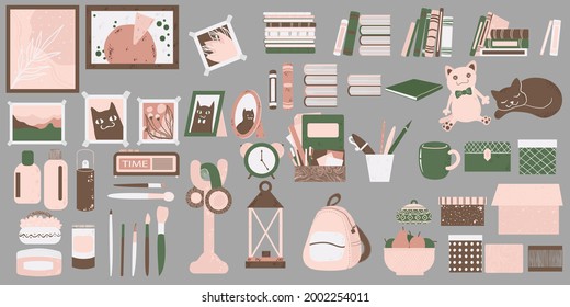Cozy interior decor clip art. Hand drawn Vector elements in cartoons Scandinavian style. Set of cute home accessories for decoration. Isolated on grey background. 