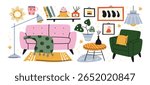 Cozy interior decor in retro cartoon style. Cartoon furniture: sofa, armchair, coffee table, lamp. Living room design with home accessories and hygge mood. Illustration in doodle style, trendy style