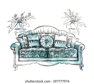 Cozy interior draw. Sofa. Ornate decor. Autotraced vector sketch, color. Interior decoration. Lineart. Watercolor.