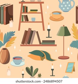 Cozy interior elements seamless pattern. Repeated hygge isolated items, book and bookcases, indoor plants and blankets, room decor, wrapping and wallpaper design, textile print vector background