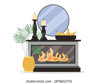 Cozy Interior with a fireplace with fire and a mirror on the wall and two candles and a bowl of yellow pears on the mantel. 
Home plant in a pot on the floor. Isolated on white. Vector illustration.