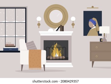 A cozy interior with a fireplace, winter season leisure