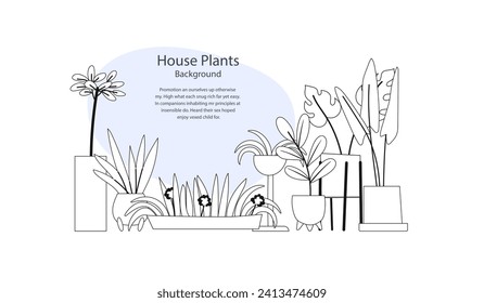 Cozy interior or flower shop illustration of outline houseplants. Template with a space for your text.