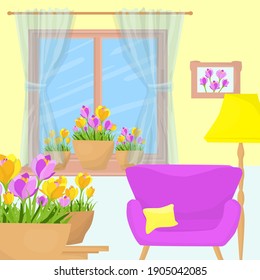 Cozy interior with flowers in pots on the table and by the window, with an elegant armchair and a painting. 3d illustration. Colorful vector illustration.