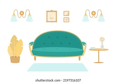 Cozy interior with green sofa. On white background. Cartoon flat style. Home interior concept. Vector illustration