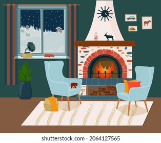 Cozy interior. A hall with a fireplace, armchairs, a home evening, a window with a winter landscape. Vector illustration.