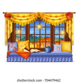 Cozy interior home window. Evening view from the window of a ripe pumpkin, spruce forest. Reading books at home. Soft pillows on the windowsill and favorite books. Vector cartoon close-up illustration