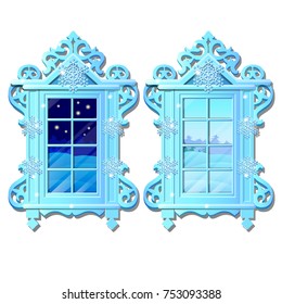 Cozy interior home window. Evening and morning view from window of outdoor winter snow isolated on white background.  Sample of Christmas poster, party invitation. Vector cartoon close-up illustration