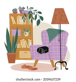 Cozy interior. House plants. Room interior with furniture and flowers. Vector image.