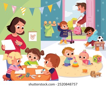 Cozy interior of a kinder garden. Children play together. Art class with kids drawing. Father brings a child to a kinder garden. Preschool kids. Boys and girls spare time and have fun.