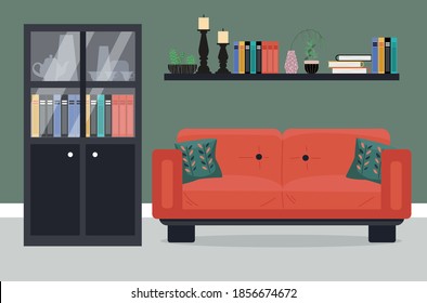 Cozy interior of living room with bookshelves and sofa. Vector illustration.