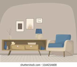 A cozy interior living room illustration with a wooden cabinet , armchair, lamb, frame and decorative arts / carton vector room 