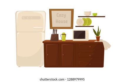 The cozy interior of the living room and kitchen. Vector funny background in cartoon style